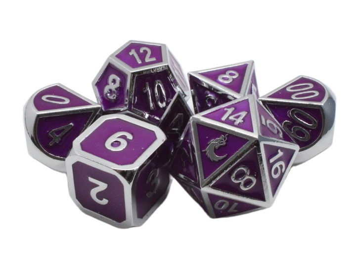 Old School 7 Piece DnD RPG Metal Dice Set: Elven Forged - Purple w/ Silver