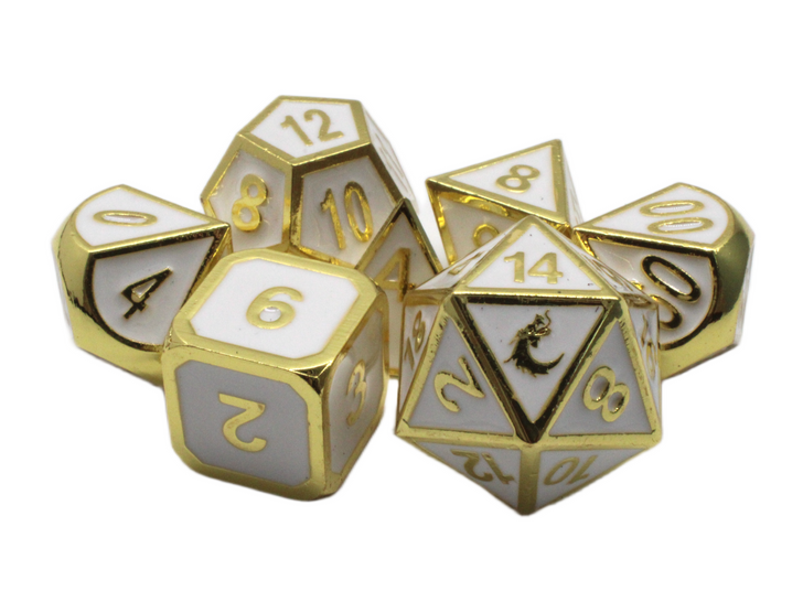 Old School 7 Piece DnD RPG Metal Dice Set: Elven Forged - White w/ Gold