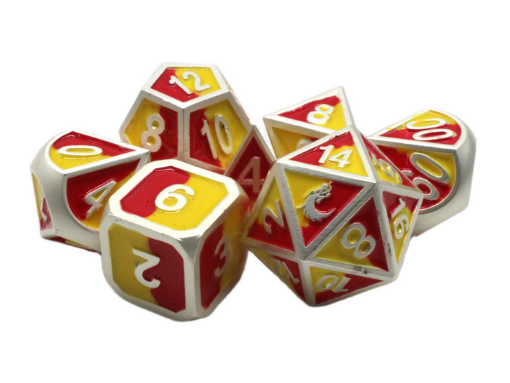 Old School 7 Piece DnD RPG Metal Dice Set: Dragon Forged - Platinum Red & Yellow