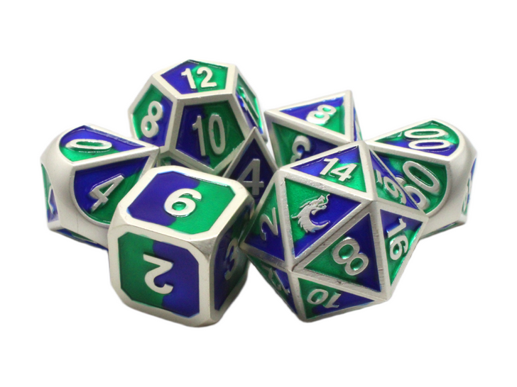 Old School 7 Piece DnD RPG Metal Dice Set: Dragon Forged - Platinum Blue & Green