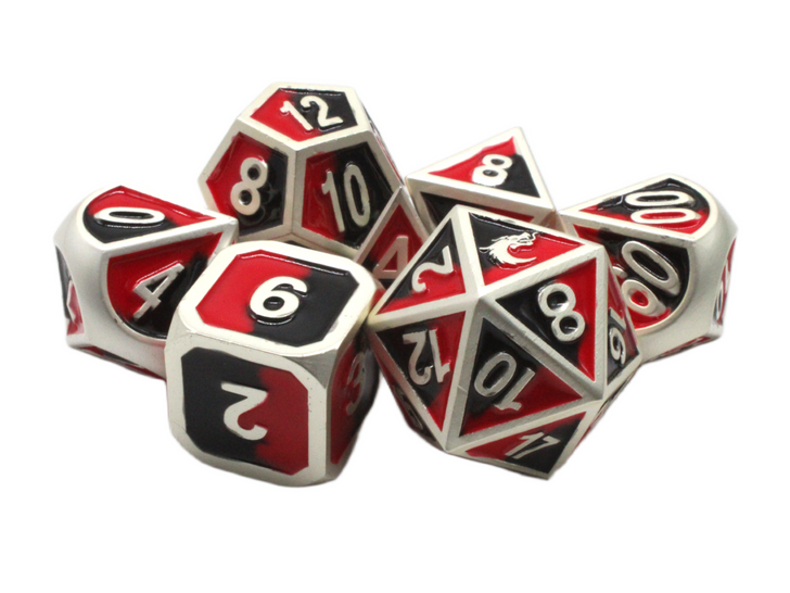Old School 7 Piece DnD RPG Metal Dice Set: Dragon Forged - Platinum Black & Red