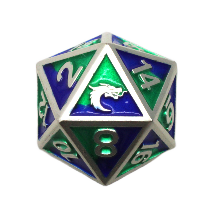 Old School DnD RPG D20 Metal Dice: Dragon Forged - Platinum Blue & Green