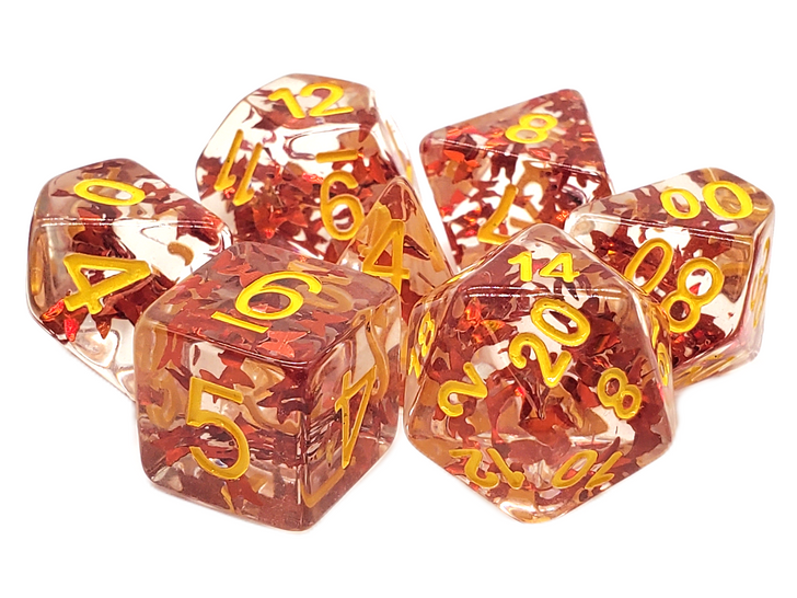 Old School 7 Piece DnD RPG Dice Set: Infused - Orange Butterfly w/ Yellow