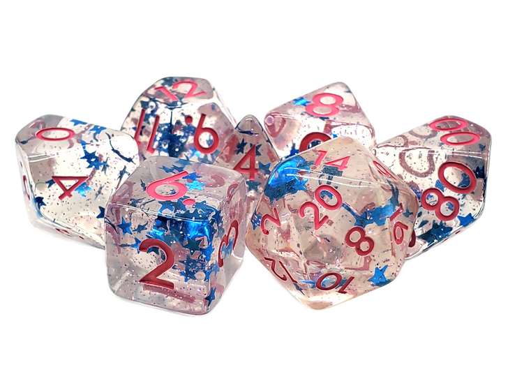 Old School 7 Piece DnD RPG Dice Set: Infused - Blue Stars w/ Pink