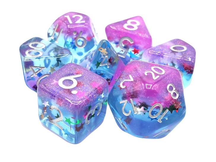 Old School 7 Piece DnD RPG Dice Set: Infused - Mixed Stars w/ Purple & Silver