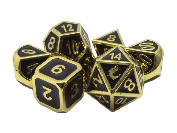 Old School 7 Piece DnD RPG Metal Dice Set: Elven Forged - Black w/ Gold