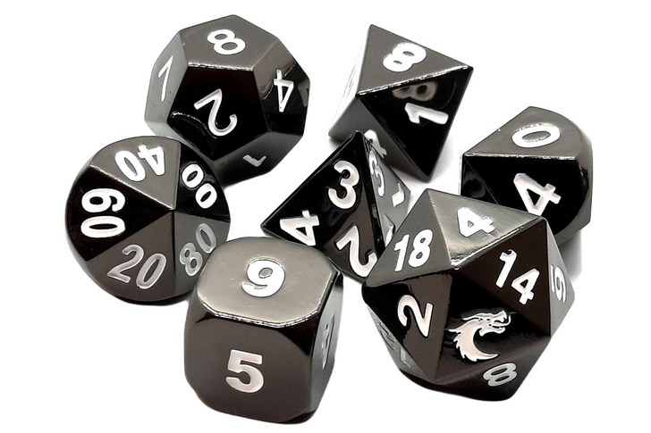 Old School 7 Piece DnD RPG Metal Dice Set: Halfling Forged - Electric Black