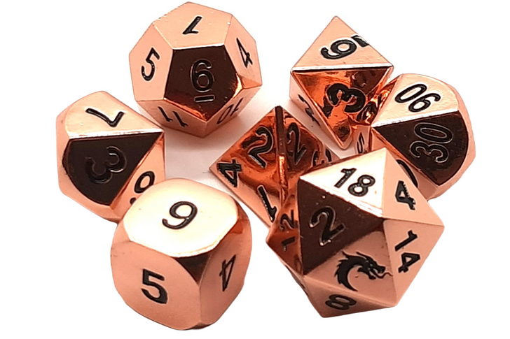 Old School 7 Piece DnD RPG Metal Dice Set: Halfling Forged - Shiny Copper