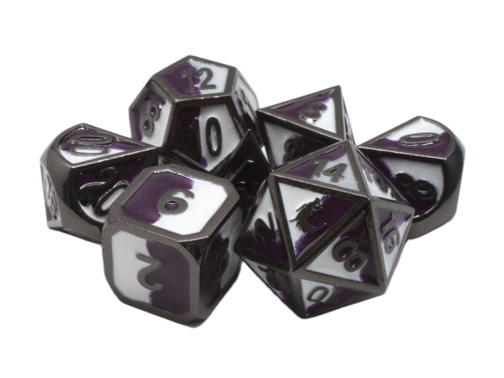 Old School 7 Piece DnD RPG Metal Dice Set: Dragon Forged - Purple & White w/ Black Nickel