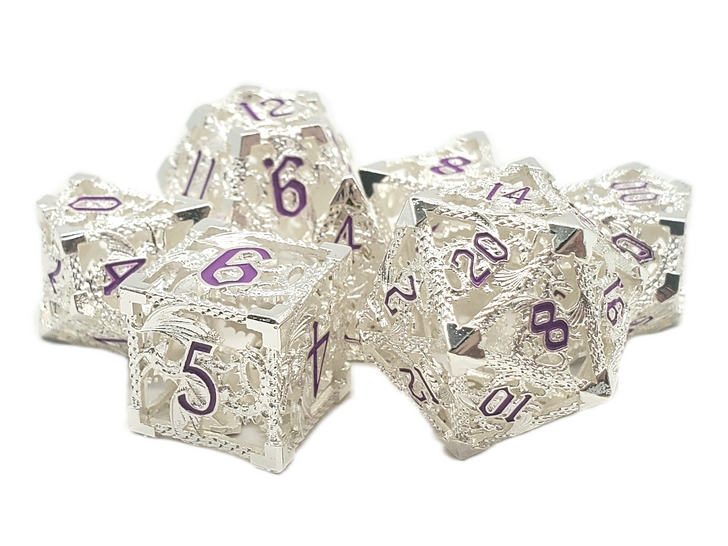 Old School Dice: Hollow Metal 7-Piece Set - Dragon - Silver w/ Purple