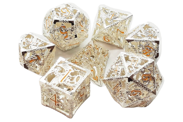 Old School 7 Piece DnD RPG Metal Dice Set: Hollow Dragon Dice - Silver w/ Yellow