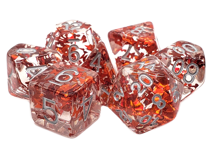 Old School 7 Piece DnD RPG Dice Set: Infused - Orange Butterfly w/ Silver