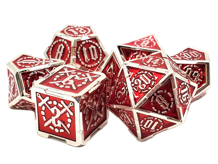 Old School 7 Piece DnD RPG Metal Dice Set: Knights of the Round Table - Red w/ Silver