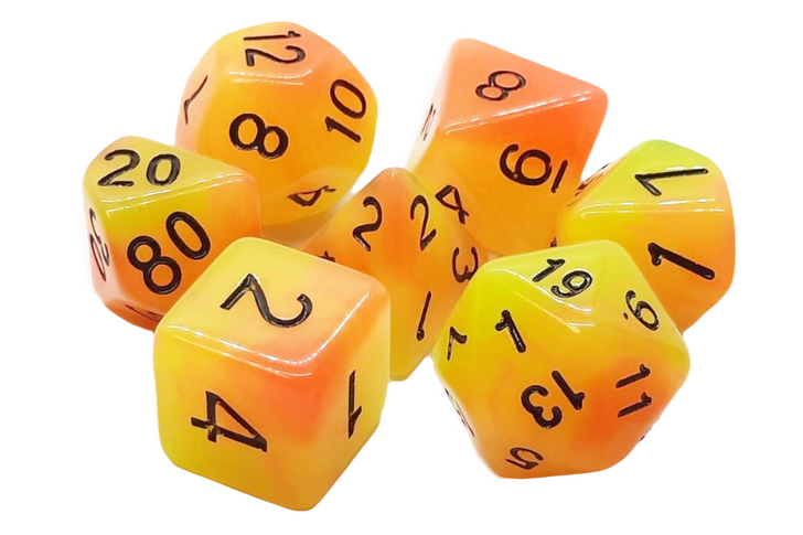 Old School 7 Piece DnD RPG Dice Set: Glow Dice - Orange & Yellow