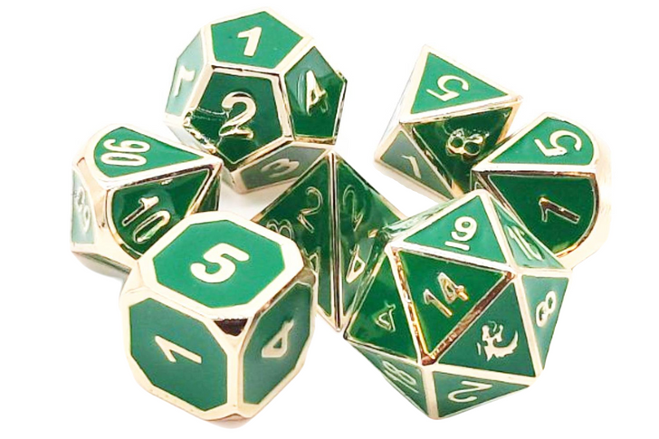 Old School 7 Piece DnD RPG Metal Dice Set: Elven Forged - Green w/ Gold