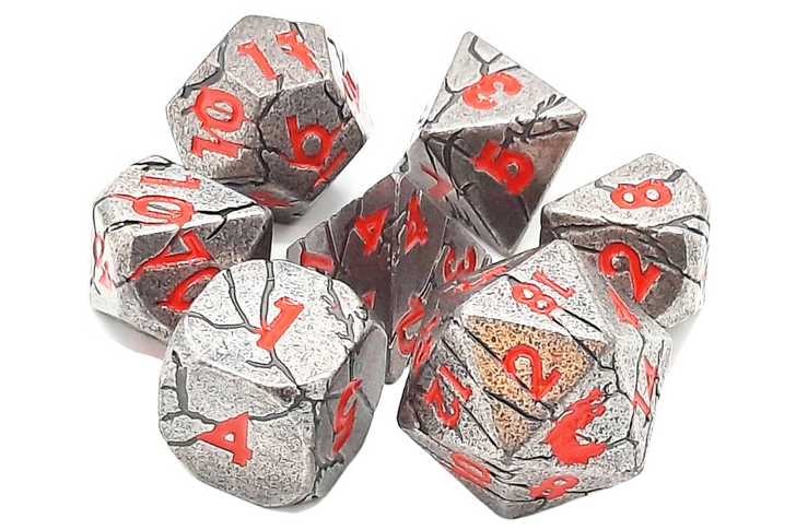 Old School 7 Piece DnD RPG Metal Dice Set: Orc Forged - Ancient Silver w/ Red