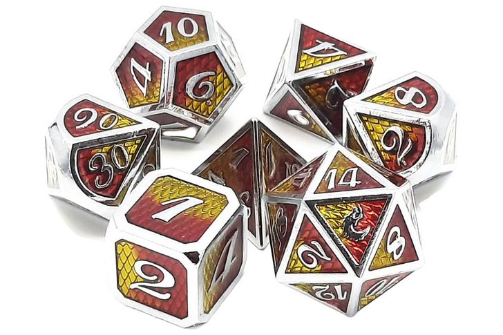 Old School 7 Piece DnD RPG Metal Dice Set: Dragon Scale - Yellow & Red