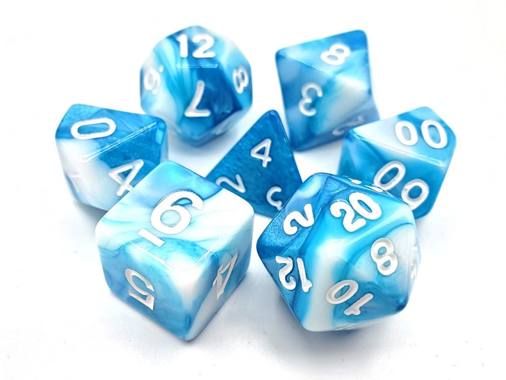 Old School 7 Piece DnD RPG Dice Set: Vorpal - Baby Blue & White w/ White