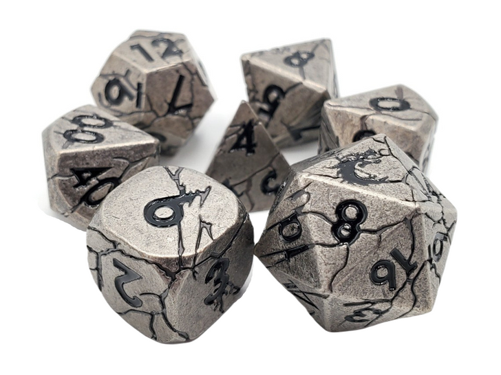 Old School 7 Piece DnD RPG Metal Dice Set: Orc Forged - Ancient Silver w/ Black