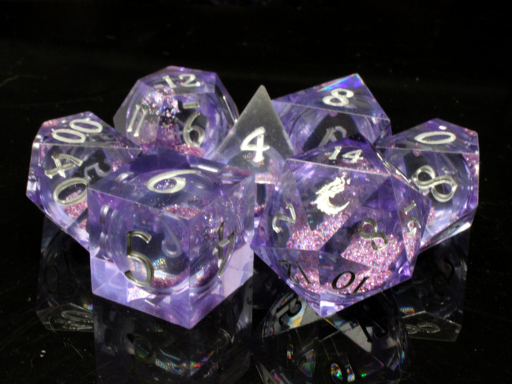 Old School Dice: Sharp Edged 7-Piece Dice Set - Liquid Infused - Amethyst Fury