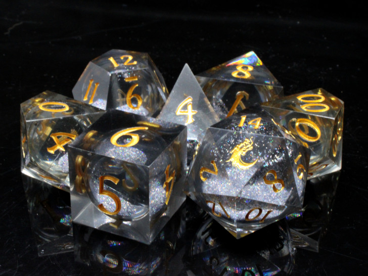 Old School Dice: Sharp Edged 7-Piece Dice Set - Liquid Infused - Obsidian Fury