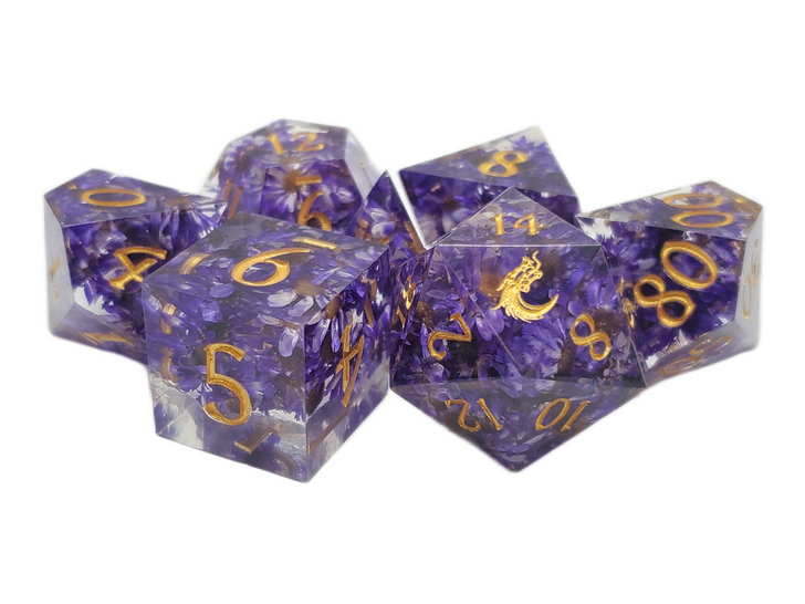 Old School Dice: Sharp Edged 7-Piece Dice Set - Purple Flower
