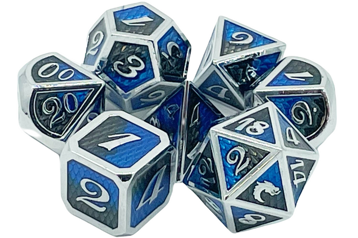 Old School 7 Piece DnD RPG Metal Dice Set: Dragon Scale - Black & Blue