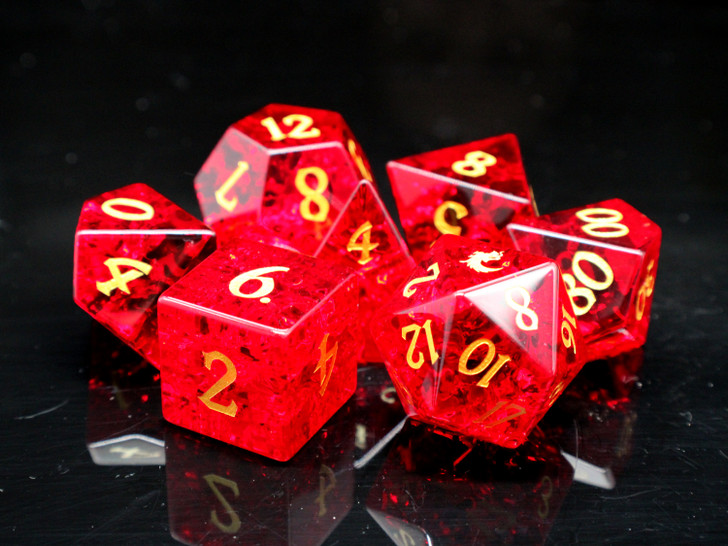 Old School Dice: Gemstone 7-Piece Set - Blast Glass - Ruby Red w/ Gold