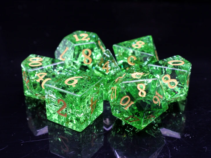 Old School Dice: Gemstone 7-Piece Set - Blast Glass - Tourmaline w/ Gold