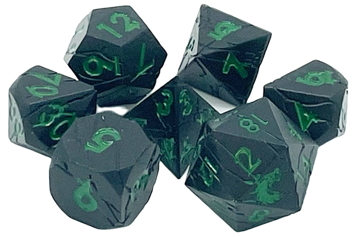 Old School 7 Piece DnD RPG Metal Dice Set: Orc Forged - Matte Black w/ Green