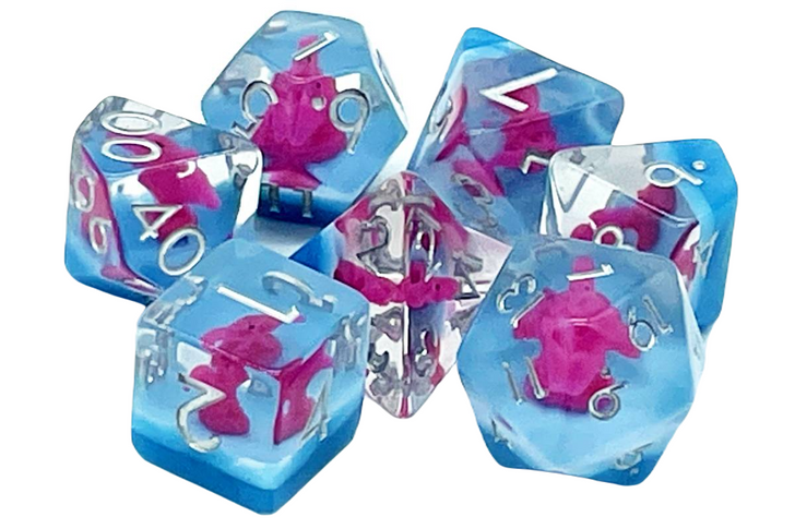 Old School 7 Piece DnD RPG Dice Set: Animal Kingdom - Pterodactyl - Pink w/ Blue