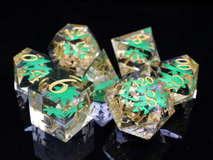 Old School Dice: Sharp Edged 7-Piece Dice Set - It's 4:20 Time - Green w/ Gold