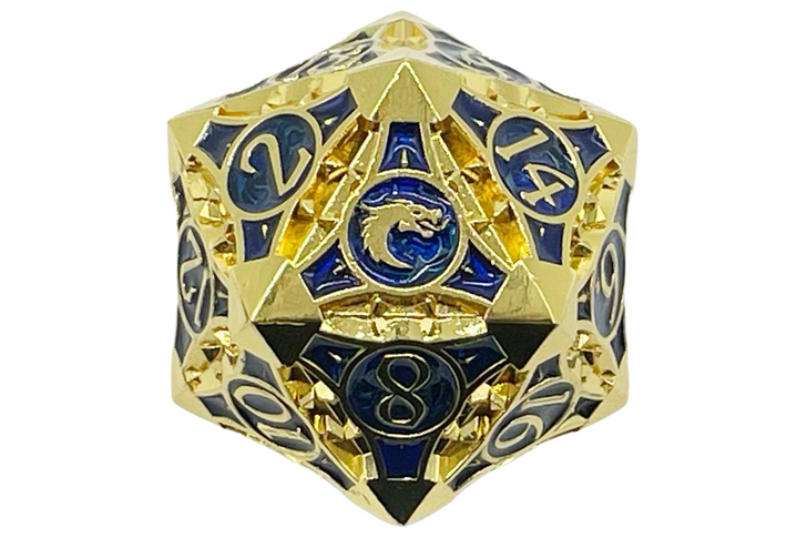 Old School 40mm D20 Metal Die: Gnome Forged - Gold w/ Blue - Old