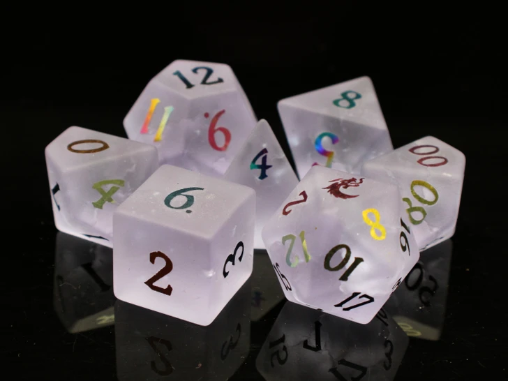 Old School Dice: Gemstone 7-Piece Set - Frosted Blast Glass - Amethyst w/ Spectral