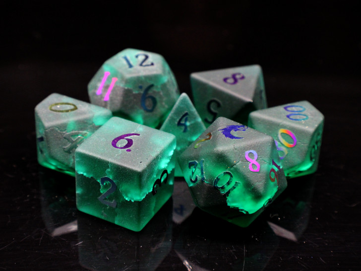 Old School Dice: Gemstone 7-Piece Set - Frosted Blast Glass - Emerald w/ Spectral
