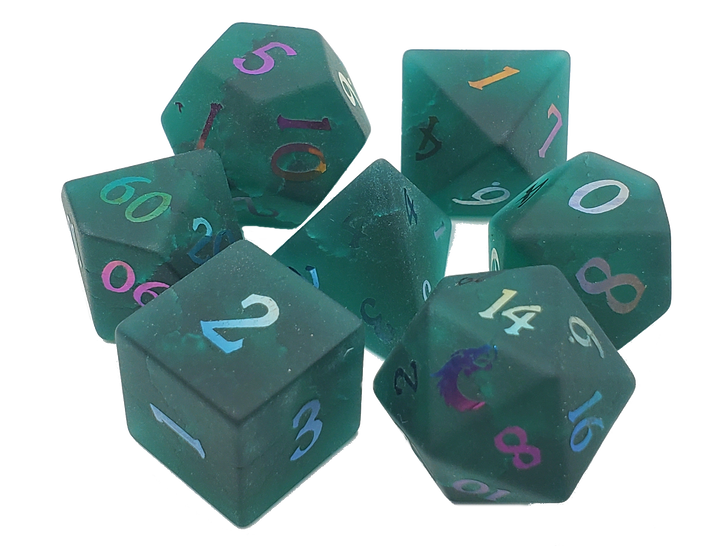 Old School 7 Piece DnD RPG Gemstone Set:  Frosted Blast Glass - Emerald w/ Spectral