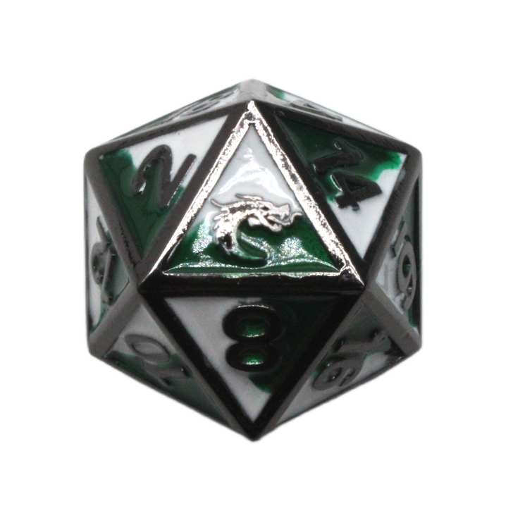Old School DnD RPG Metal D20: Dragon Forged - Green & White w/ Black Nickel