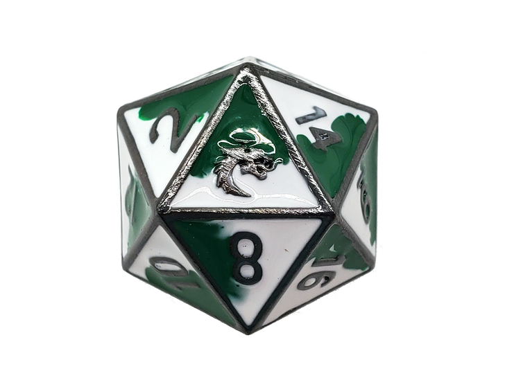 Old School DnD RPG Metal D20: Dragon Forged - Green & White w/ Black Nickel