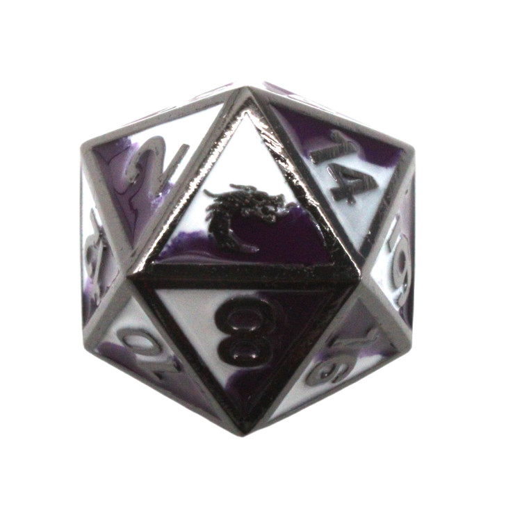 Old School DnD RPG Metal D20: Dragon Forged - Purple & White w/ Black Nickel