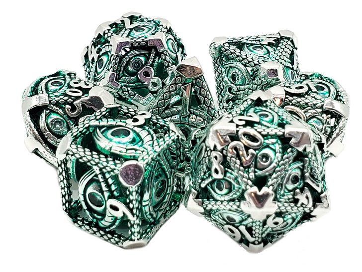 Old School 7 Piece DnD RPG Metal Dice Set: Hollow All Seeing Eye Dice - Silver w/ Green