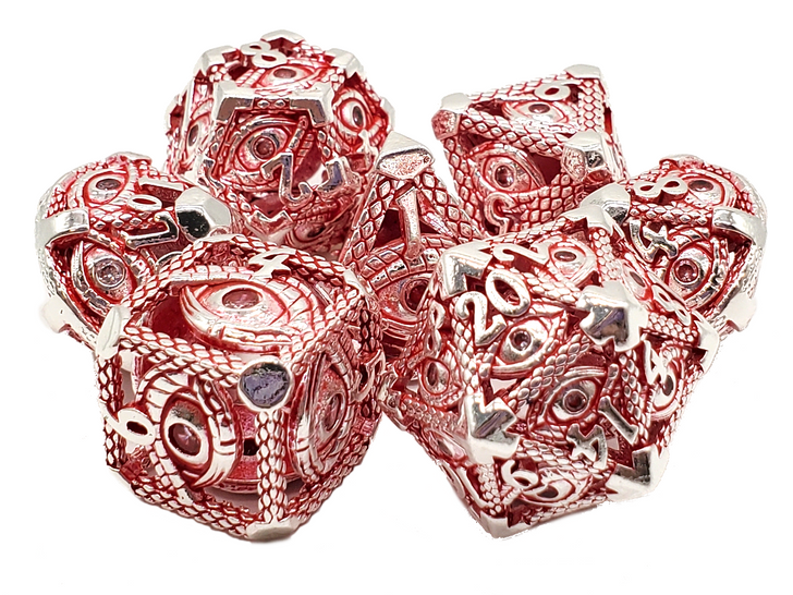 Old School 7 Piece DnD RPG Metal Dice Set: Hollow All Seeing Eye Dice - Silver w/ Red