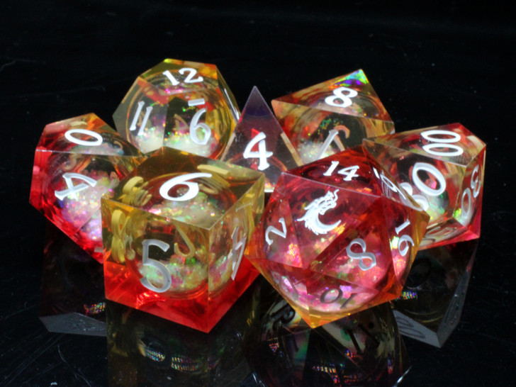 Old School Dice: Sharp Edged 7-Piece Dice Set - Liquid Infused - Sunrise Fury