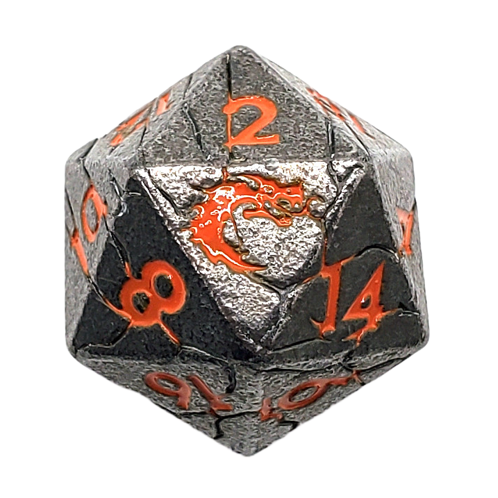 Old School DnD RPG Metal D20: Orc Forged - Ancient Silver w/ Orange