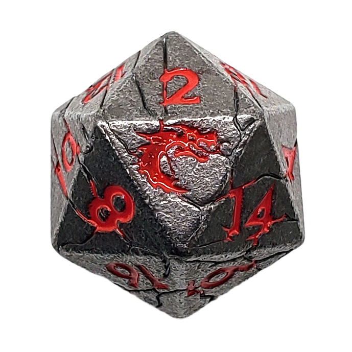 Old School DnD RPG Metal D20: Orc Forged - Ancient Silver w/ Red