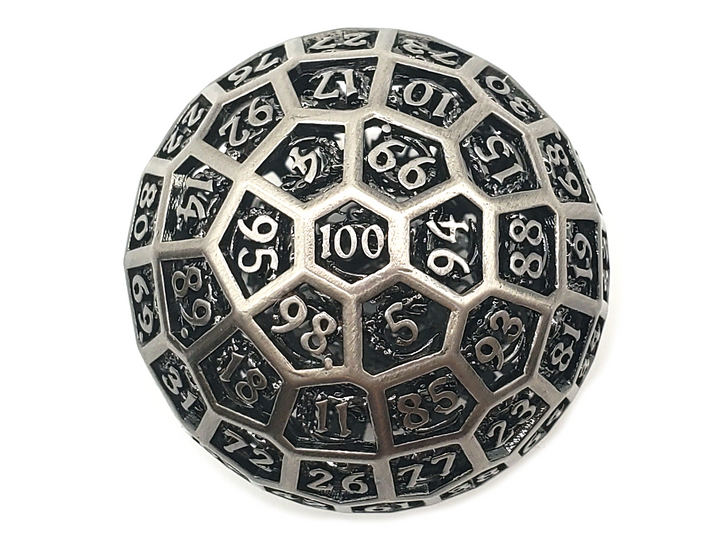 Old School Dice D100 50mm Hollow - Dragon's Head - Ancient Silver