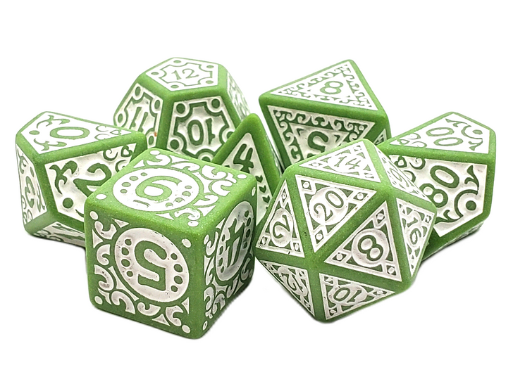 Old School 7 Piece DnD RPG Dice Set: Rune Dice - Magical Runes - White w/ Lime
