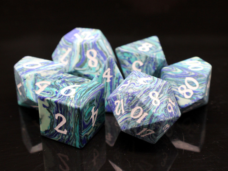 Old School Dice: Gemstone 7-Piece Set - Turquoise - Striped Blue & Green w/ White