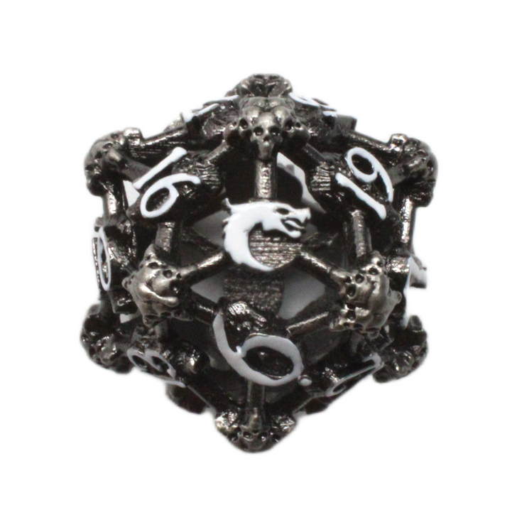 Old School Dice: Hollow Metal D20 Spindown - Skull - Ancient Silver