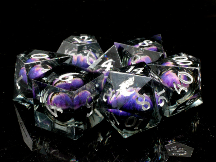 Old School Dice: Sharp Edged 7-Piece Dice Set - Liquid Infused - Serpent's Eye - Black w/ Purple Eye