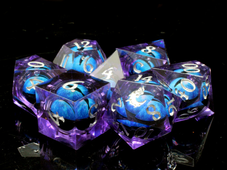 Old School Dice: Sharp Edged 7-Piece Dice Set - Liquid Infused - Serpent's Eye - Purple w/ Blue Eye